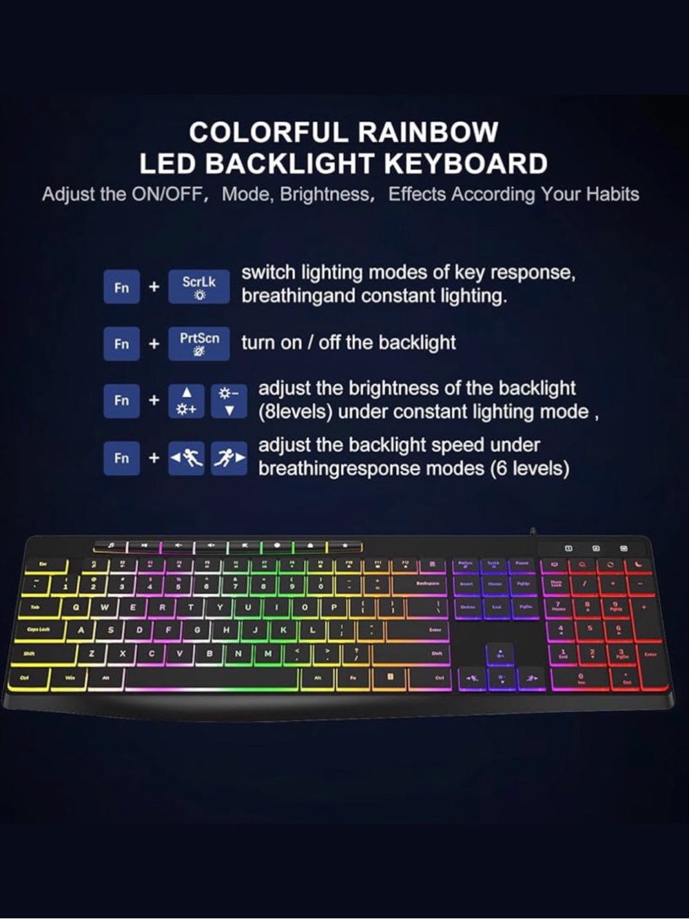 Computer Keyboard Wired 7-Color Rainbow LED Backlit - Picture 2 of 7